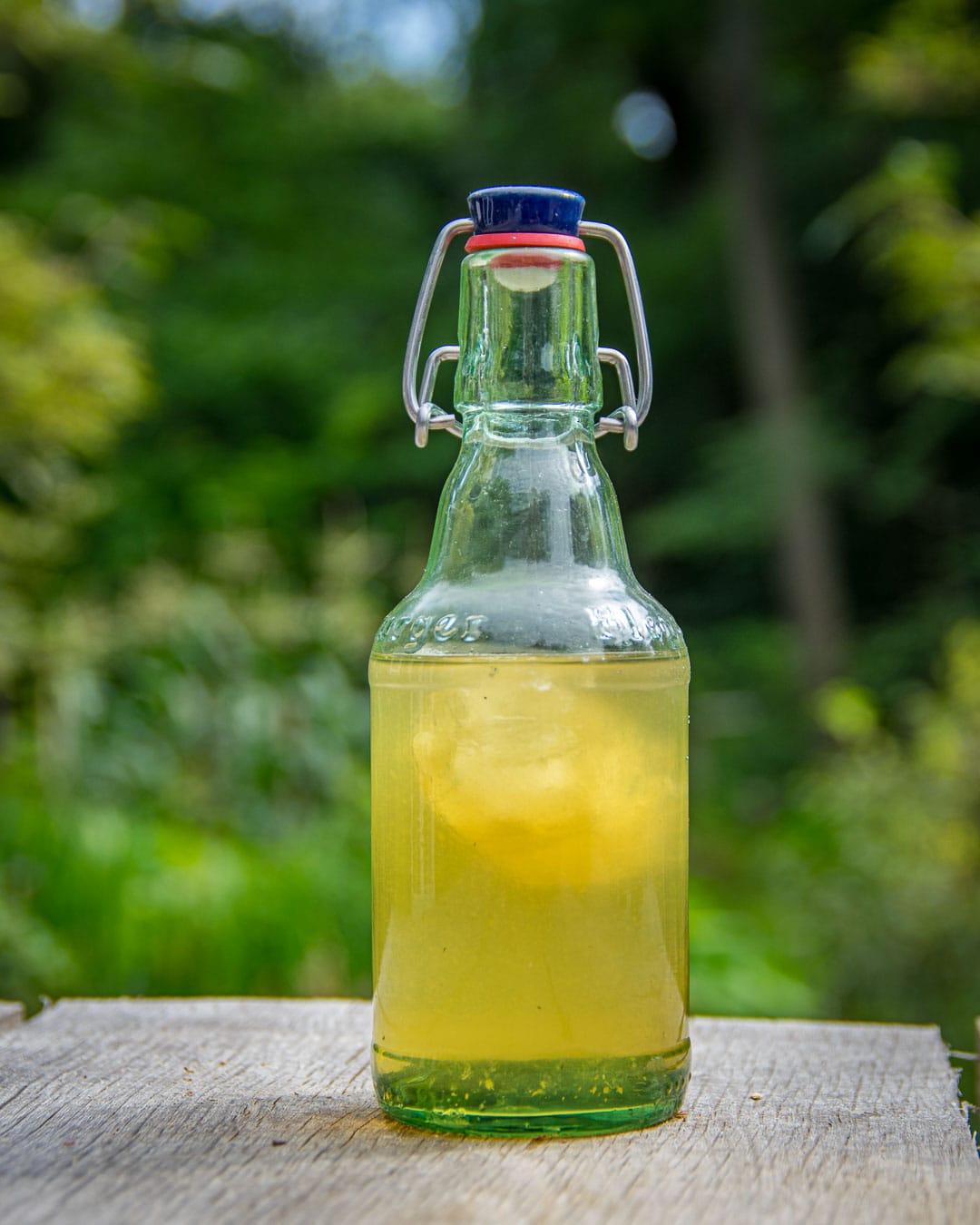 Hjemmelavet hyldeblomstsaft med citron Færdig hyldeblomstsaft på en lille flaske