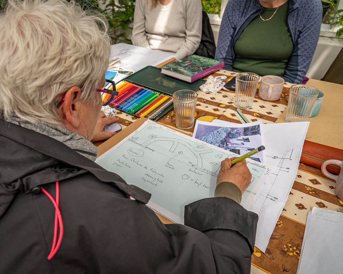 Havedesign på en arbejdsskitse tager form under kyndig vejledning i Blomsterhaven