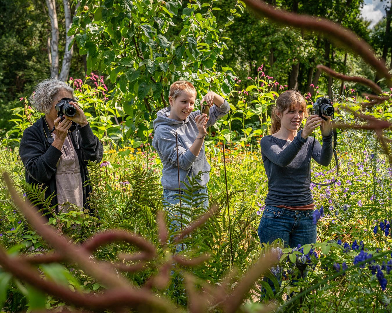 Tre deltagere fotograferer planter og motiver under fotokursus i Blomsterhaven