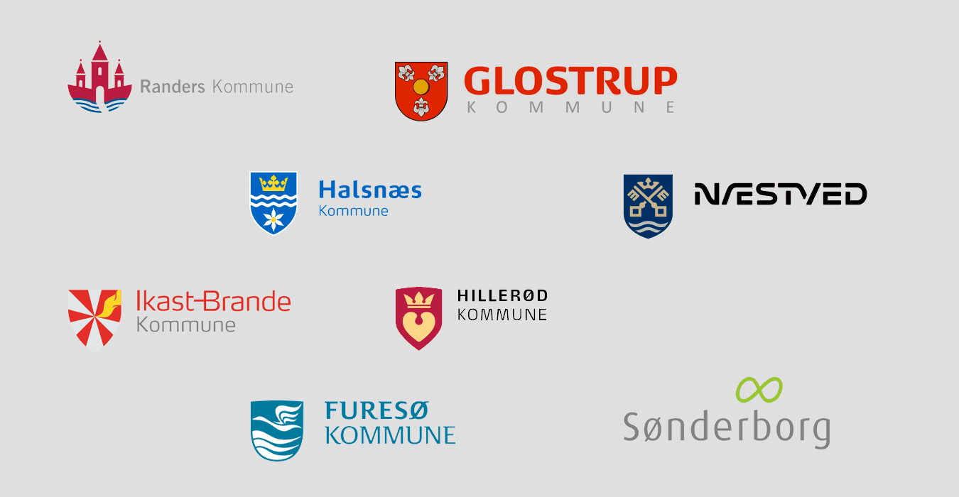 Udvalgte kommuner og samarbejdspartnere Collage med danske byvåben som symbol på kommuner, offentlige organisationer og lokal forankring.